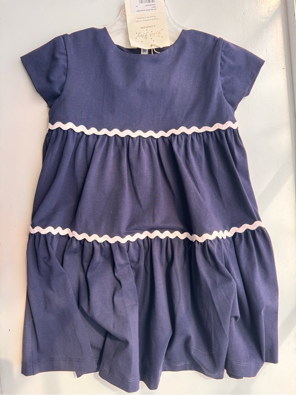 Rachel Riley Navy Tiered Cotton Dress with White Ric-Rac NWT